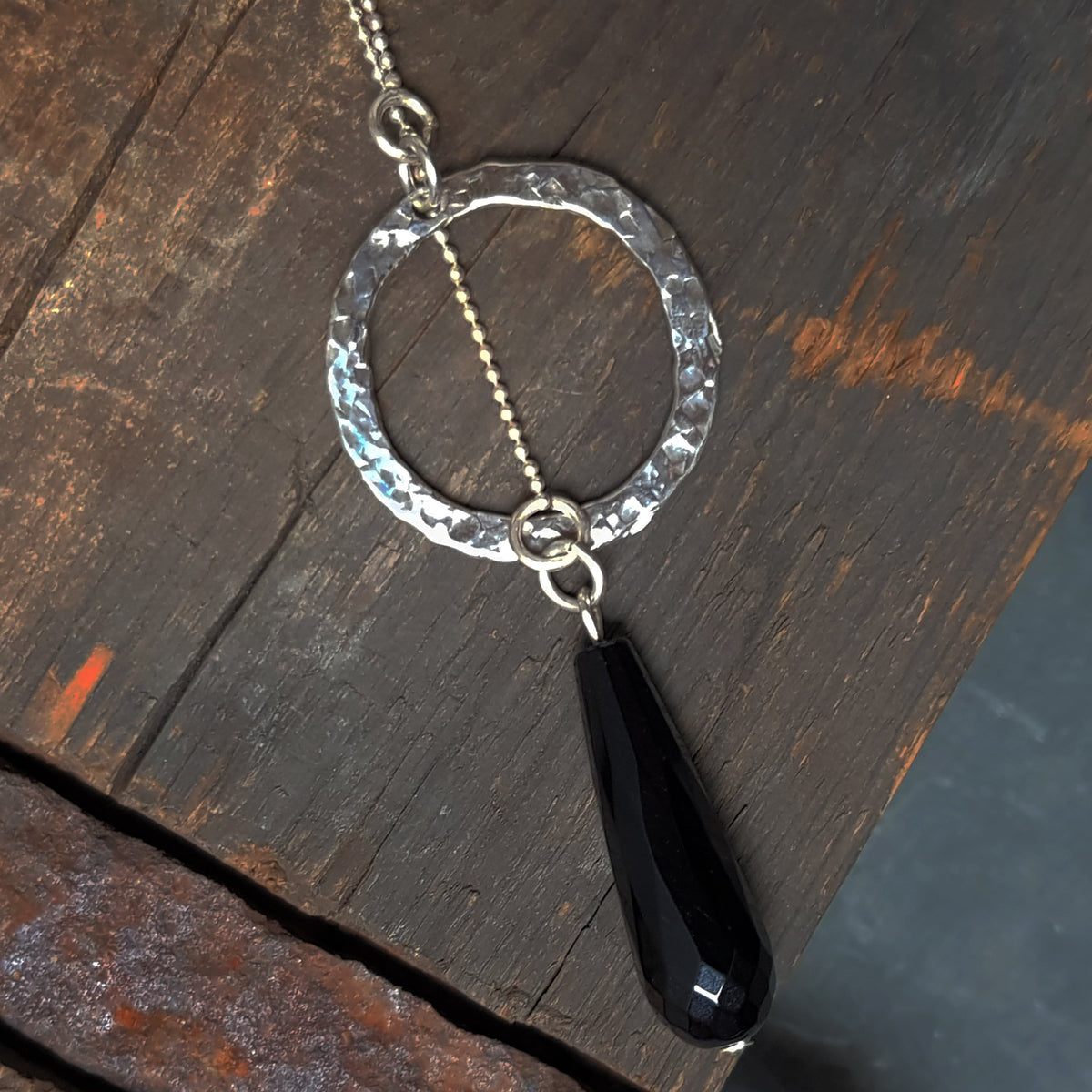 facetted onyx necklace with hammered silver pendant on fine silver ball chain, handmade by roff