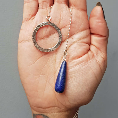 Elegant simple necklace for women with lapis lazuli bead on silver chain, handmade by roff jewellery