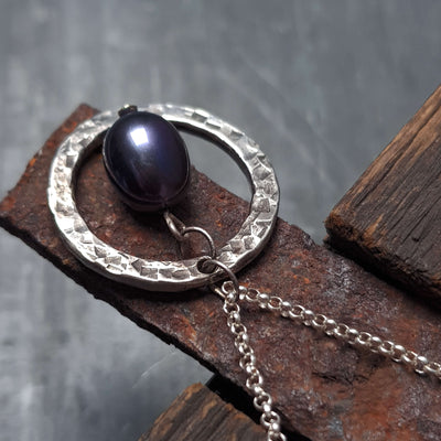 Baroque black pearl necklace with hammered silver pendant, oxidized textured, handmade by roff