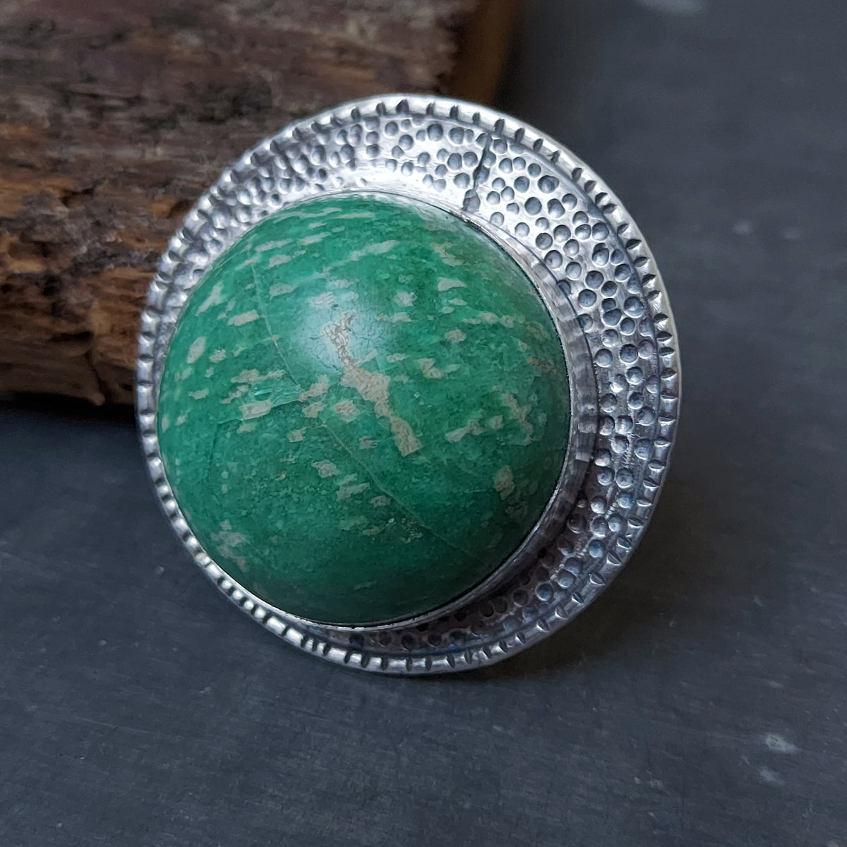 Chunky ring, amazonite ring, textured silver, adjustable ring, handcrafted by Roff Jewellery
