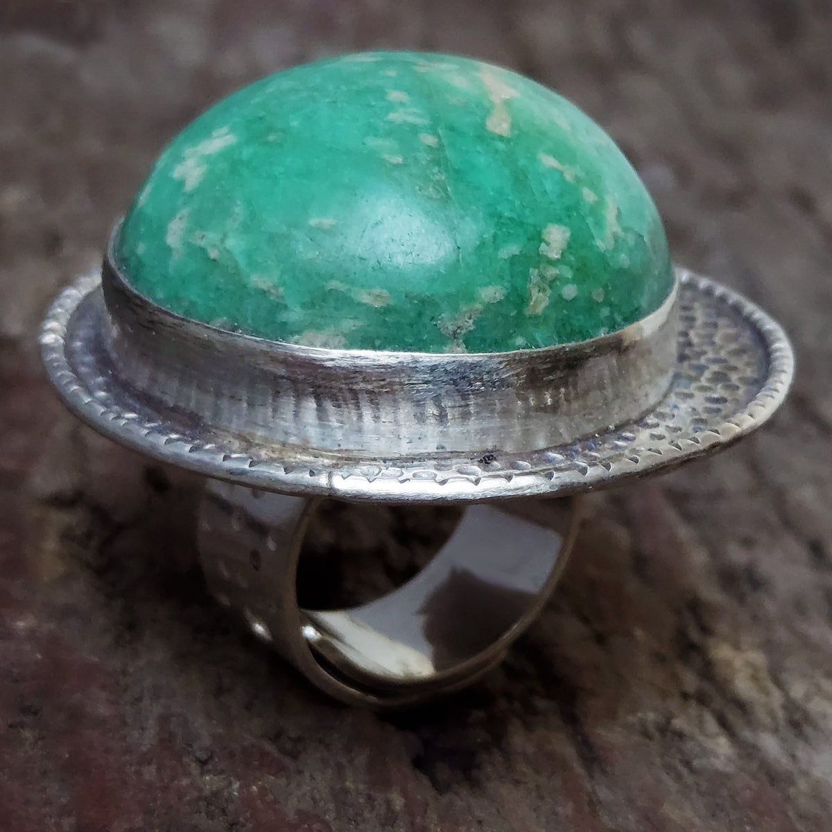 amazonite ring, xl stone, dotted texture. adjustable ring band, with dots.handmade by roff jewellery