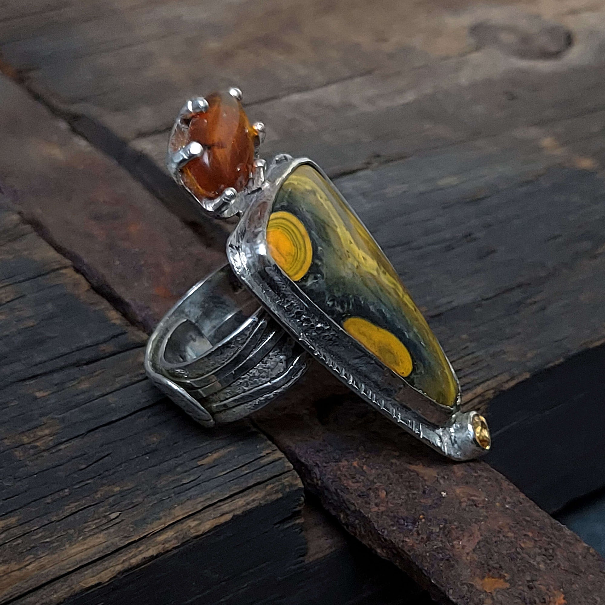 multistone silver ring, oxidized silver ring, adjustable, unique statement ring,handmade by roff