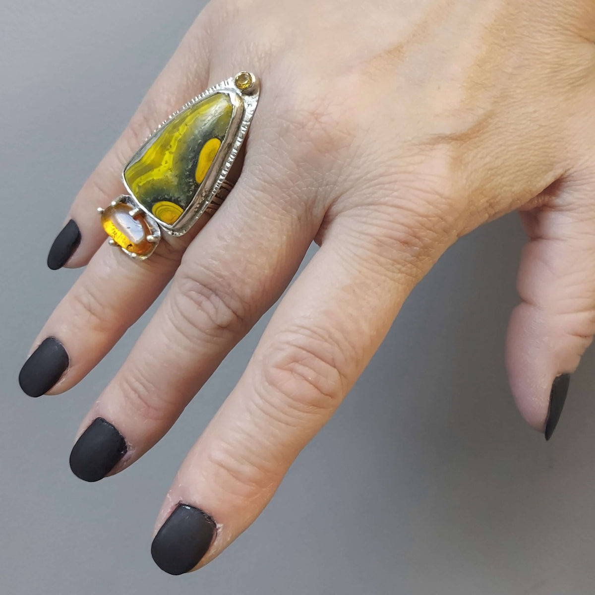 bumblebee jasper ring with amber and topaz. Handmade silver jewelry by roffjewellery.com