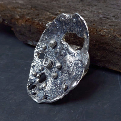 reticulated silver ring, wearable art ring, raw texture, handmade large ring by roff jewellery