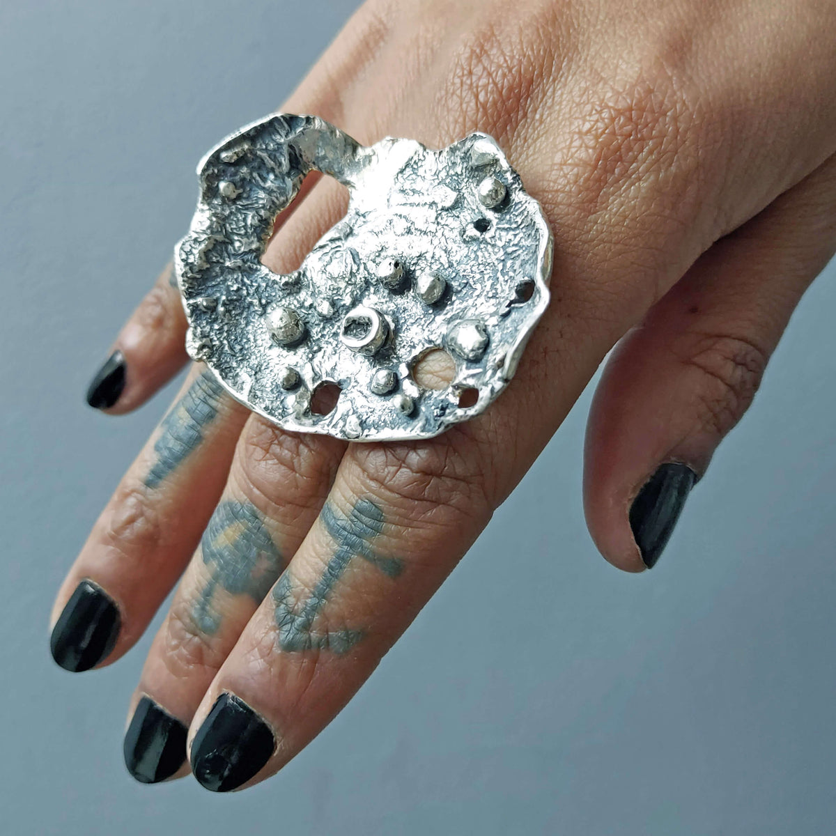 bold silver ring, adjustable size, textured and oxidized silver ring, artisan made by Roff Jewellery