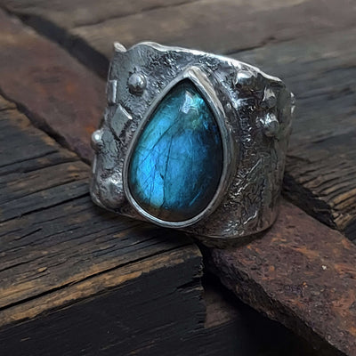 handmade,textured,silver granules, rustic silver ring, blue labradorite by roff jewellery