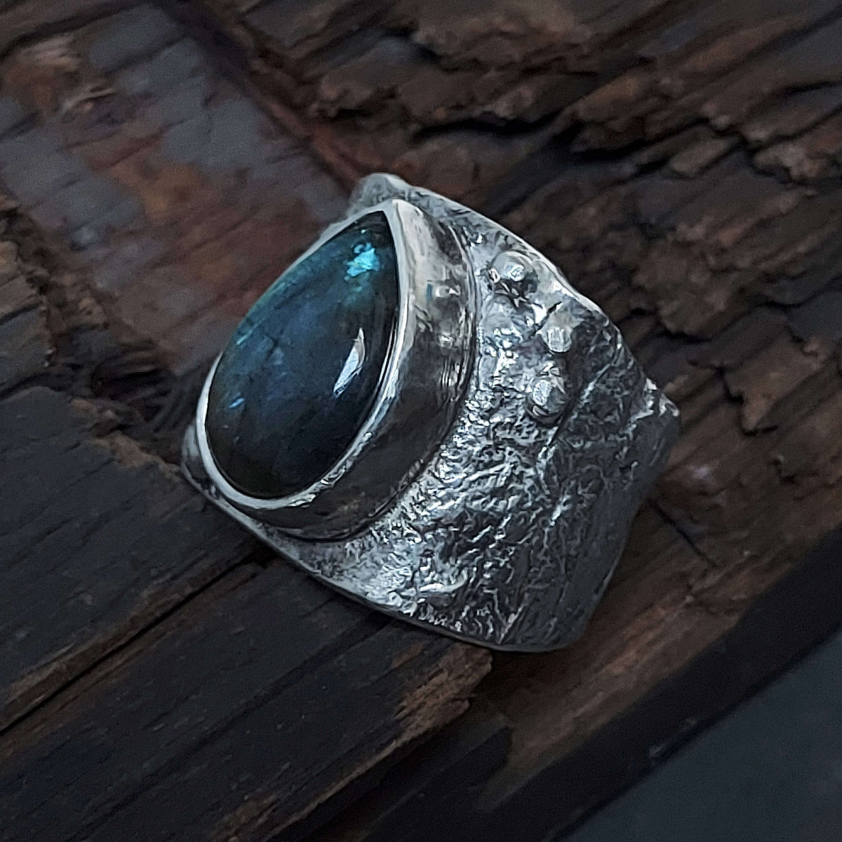 reticulated silver,organic texture,silver granules, rustic silver ring, labradorite - roff jewellery