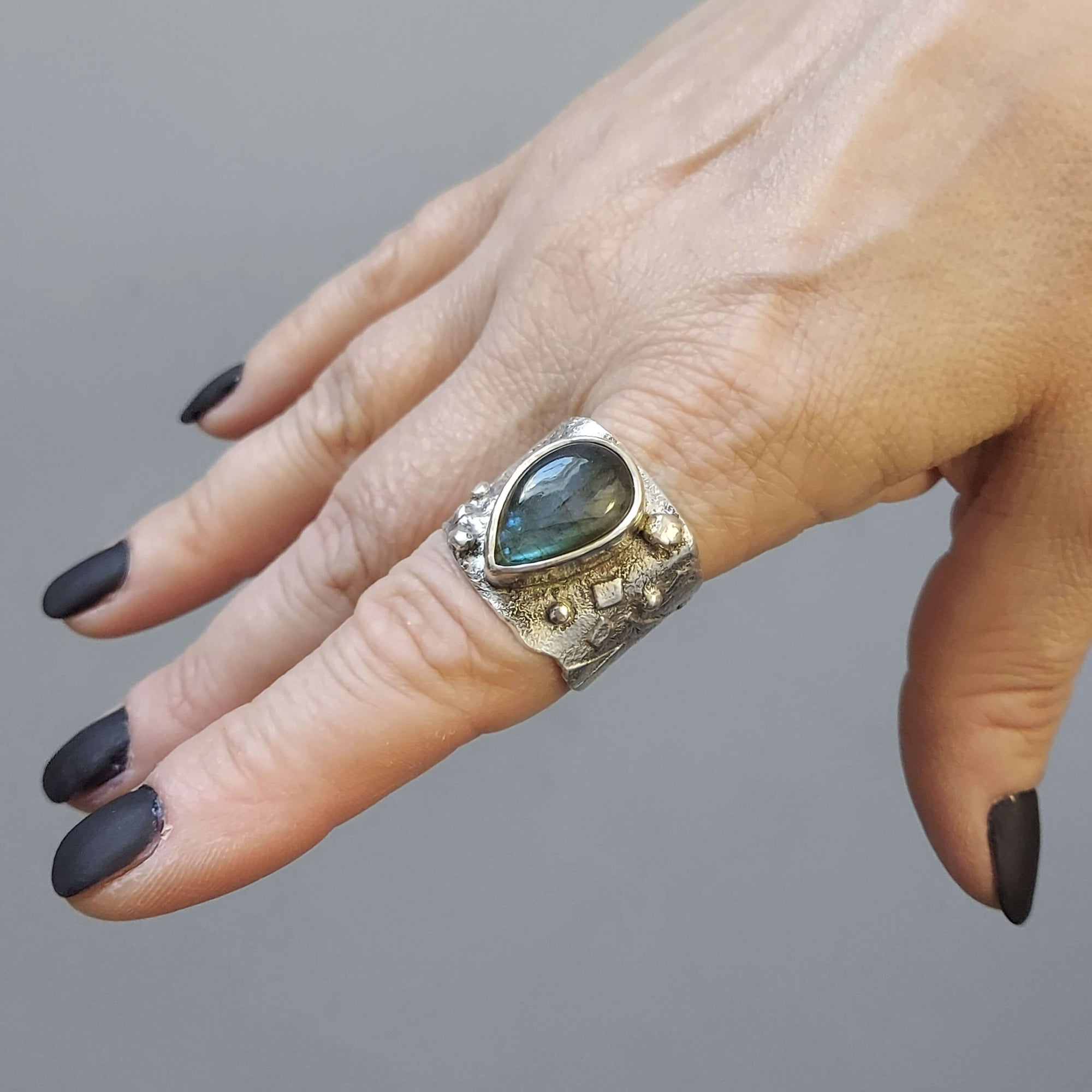 medieval witchy jewelry,blue labradorite silver, oxidized,raw texture, artisan made - roff jewellery