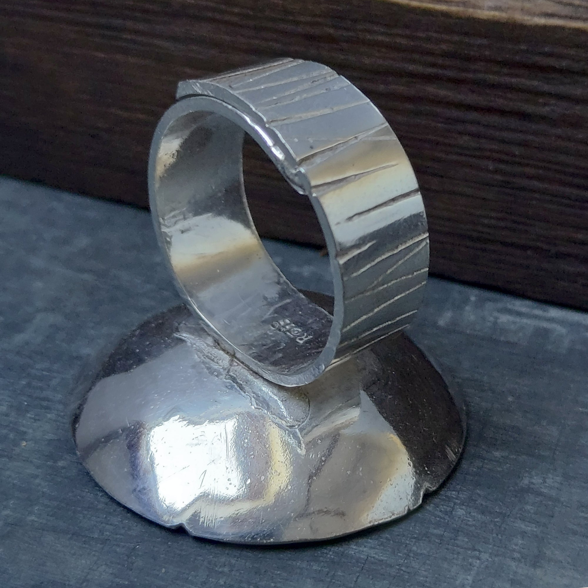 round silver flower ring, adjustable ring band with hammered stripes , handmade by Roff Jewellery