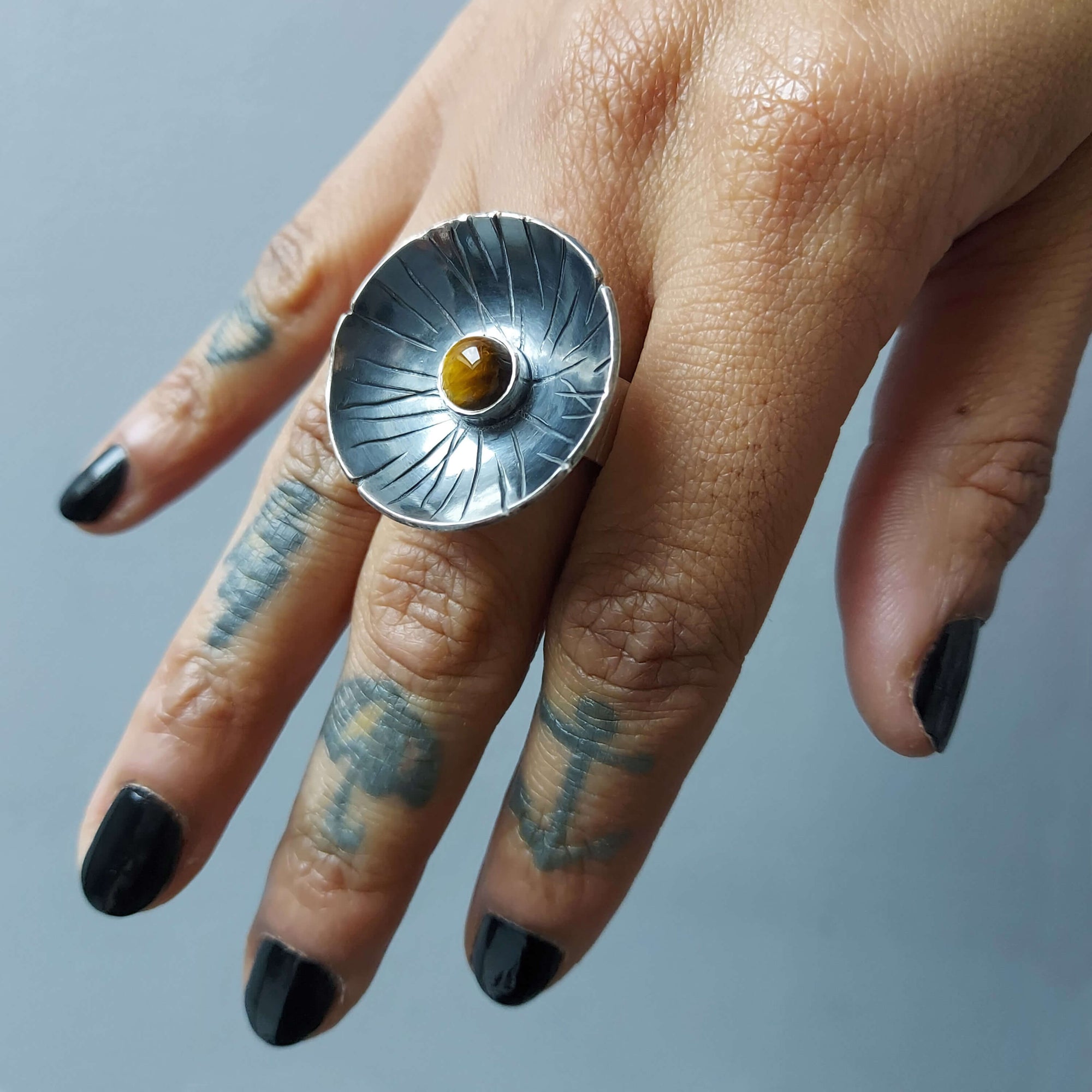 brown tiger eye gemstone in oxidized silver ring adjustable from US size 5.5 to 14, handmade by roff