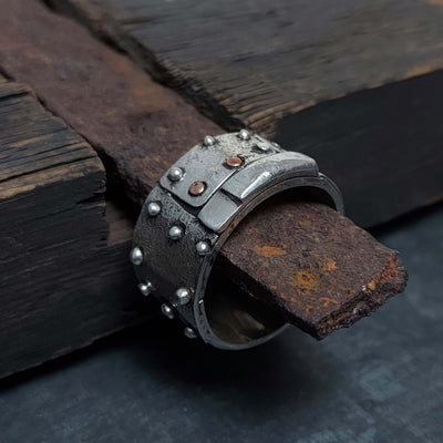 steampunk, cyber punk silver ring, handmade, plates of armour, handmade by roff jewellery