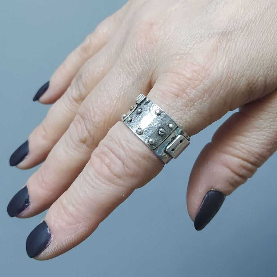 bold silver steam punk ring, hammered and textured silver ring for men and women, handmade by roff