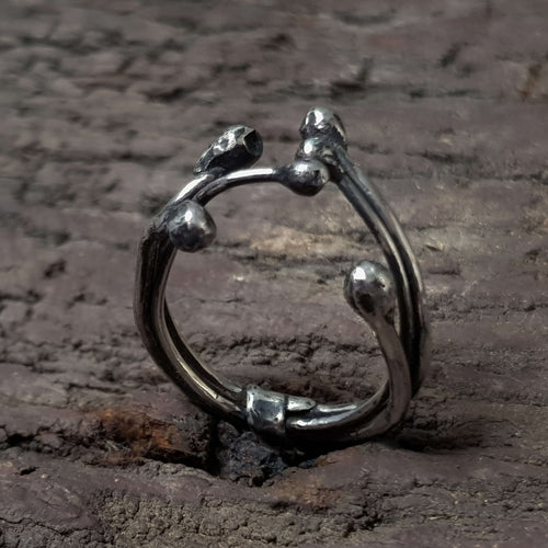 handmade black silver ring. Rustic silver ring with open front, adjustable in size,by roff jewellery
