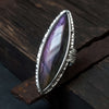 purple flash labradorite, marquise cabochon, artisan made adjustable silver ring by roff jewellery