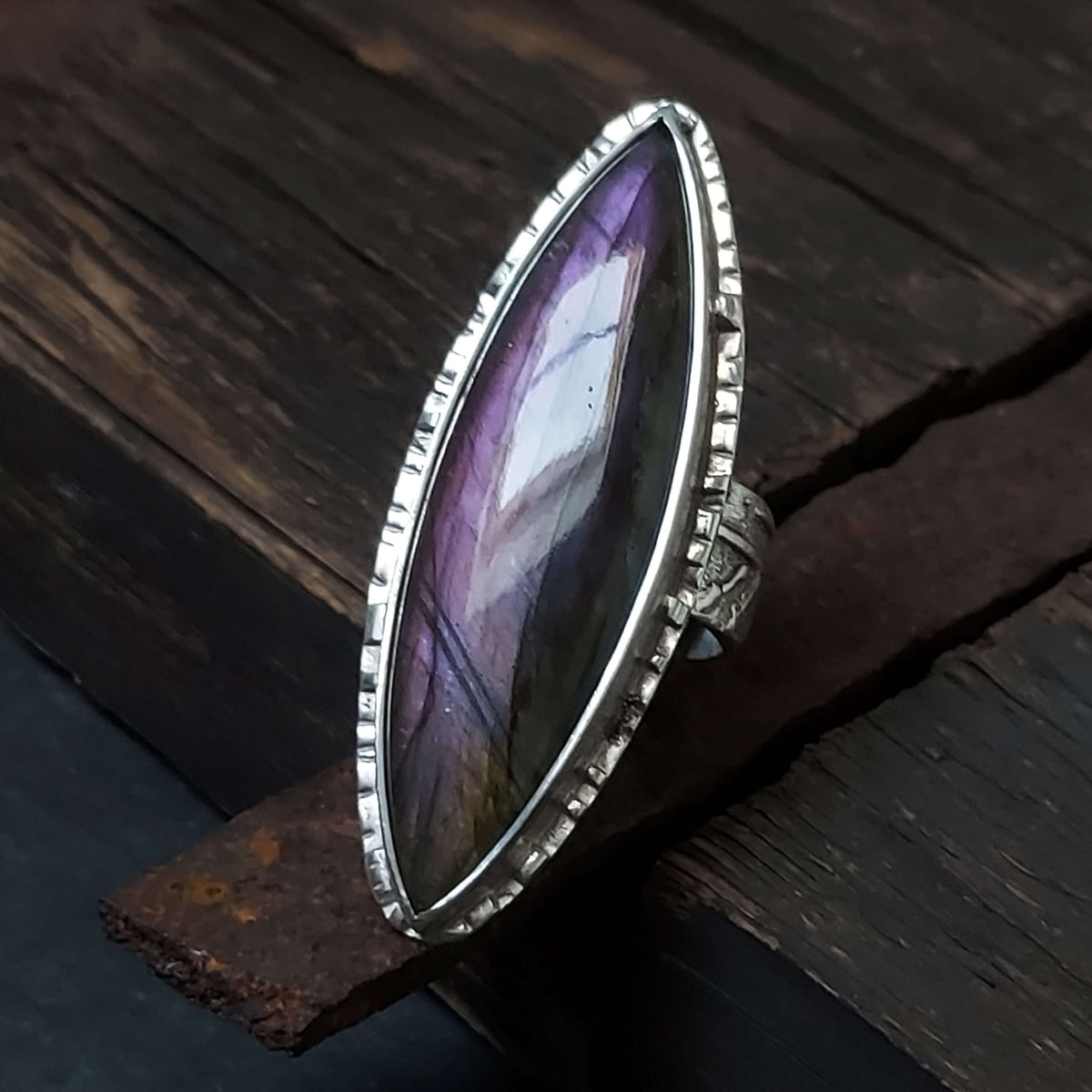 purple flash labradorite, marquise cabochon, artisan made adjustable silver ring by roff jewellery