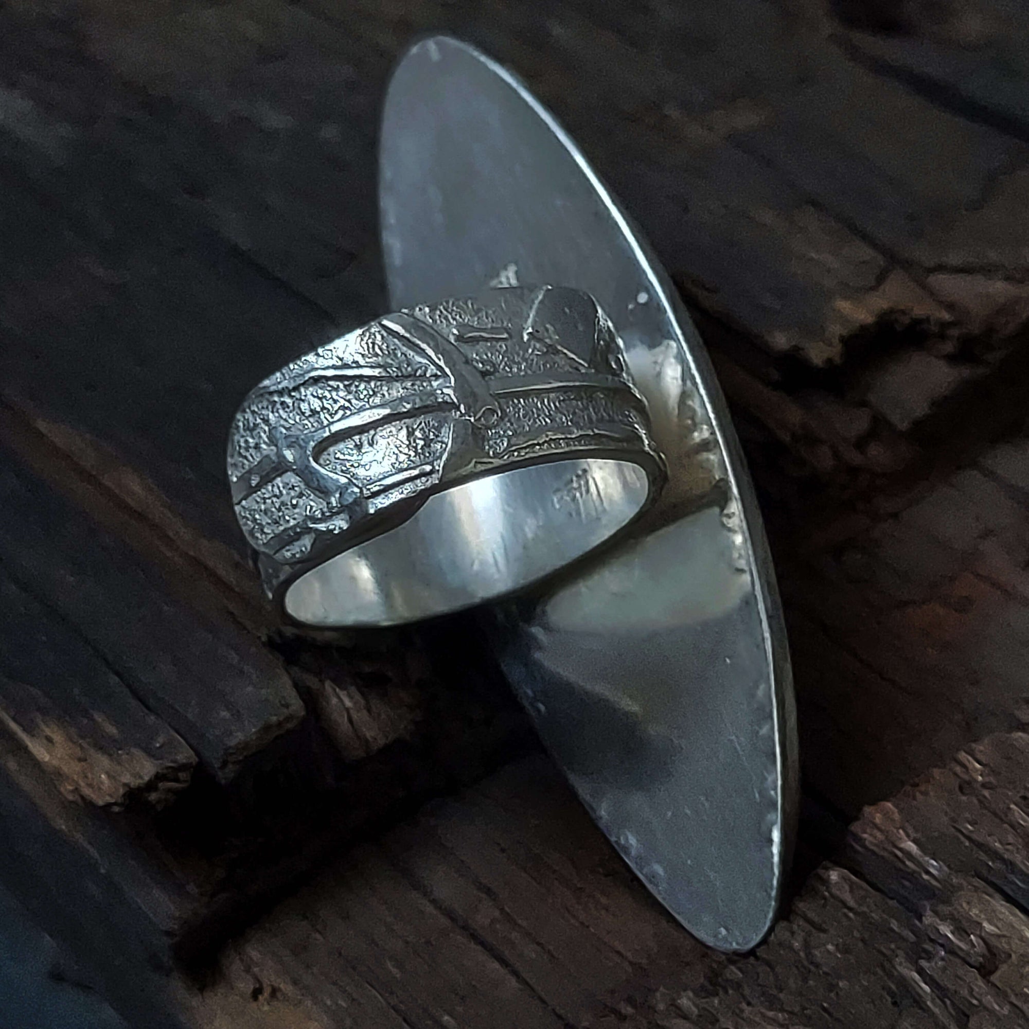 rustic textured handmade silver ring, wide band, all sizes, labradorite stone, by roff jewellery
