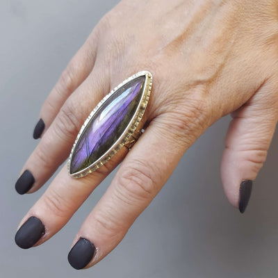 mesmerizing purple labardorite ring in adjustable silver band, handmade by roffjewellery.com
