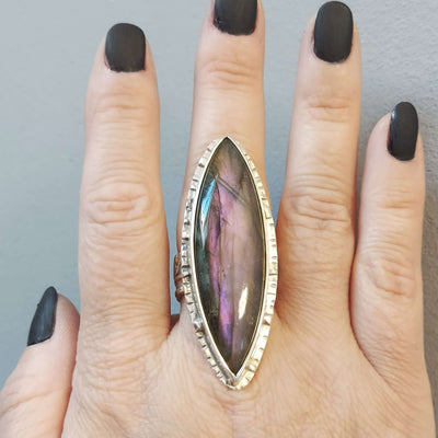 chunky ring with purple labradorite, artisan made silver ring with texture by roff jewellery