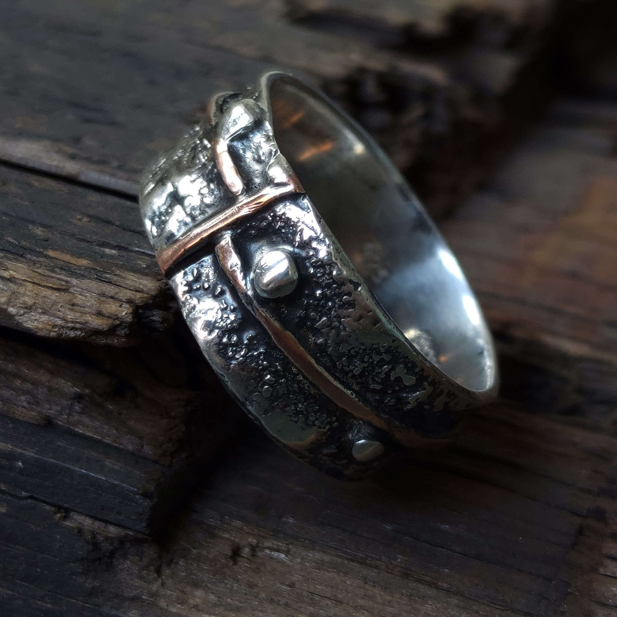 silver and copper ring for women with rough texture and an oxidized finish. handmade ring by roff