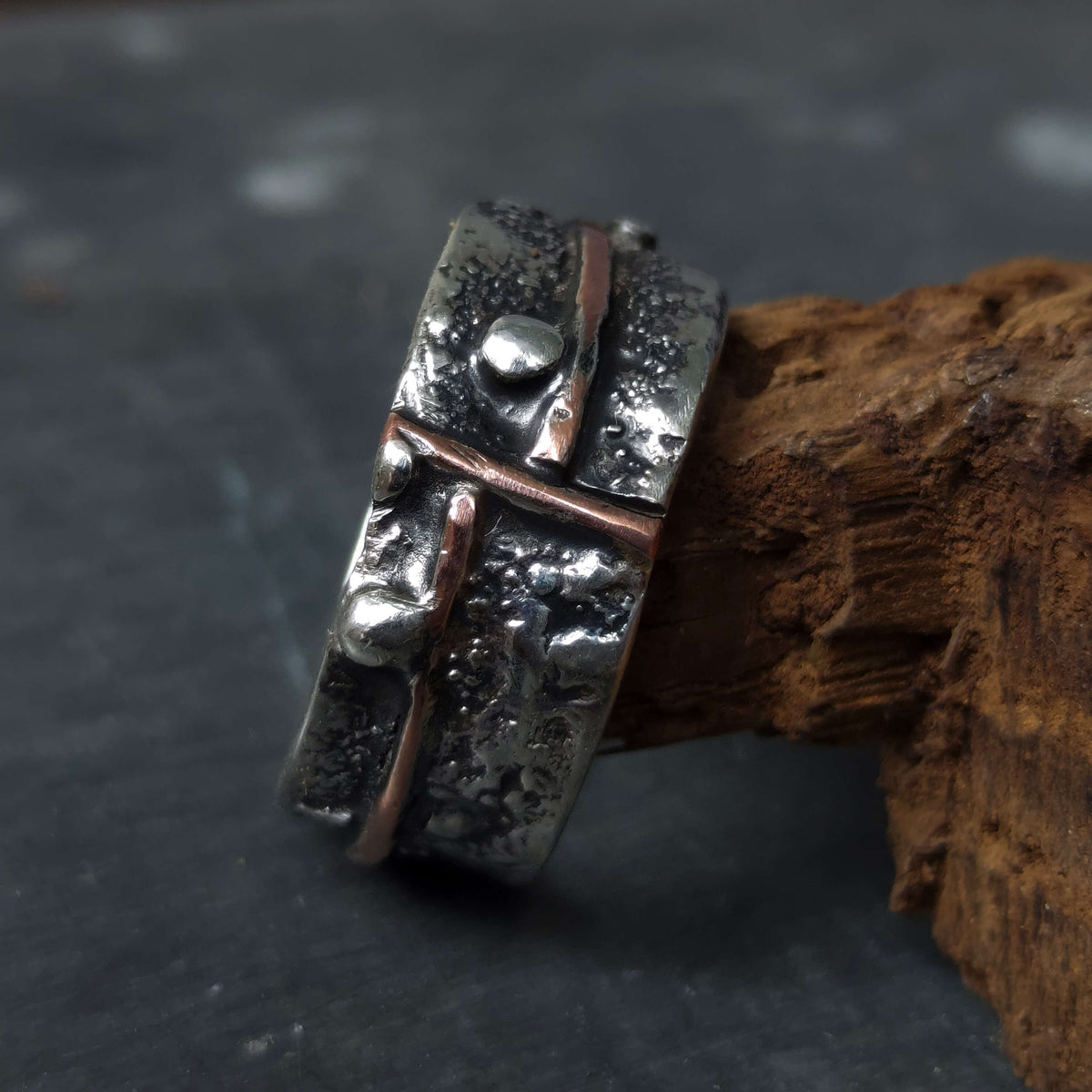 silver and copper ring, handmade ring by roffjewellery.com. oxidized silver ring, rough texture