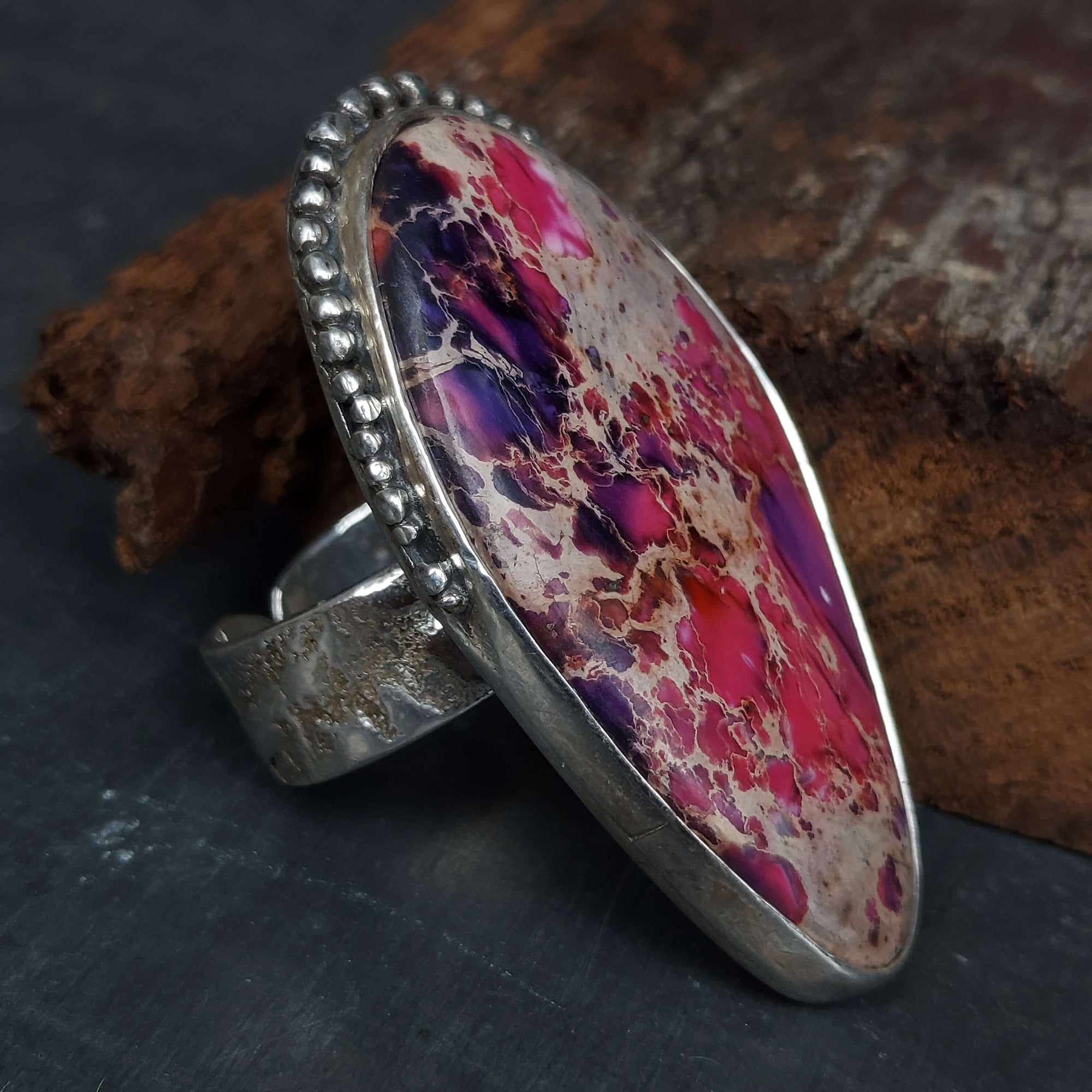 adjustable sterling silver ring with ocean jasper gemstone, handcrafted by roffjewellery.com