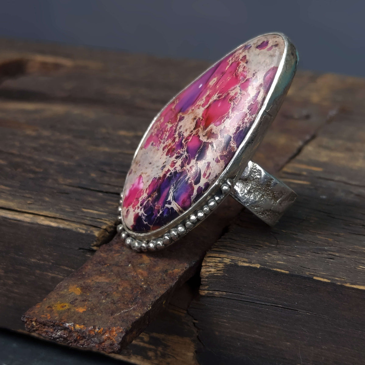 pink purple jasper stone in smooth silver bezel with oxidized silver granules, handmade by roff