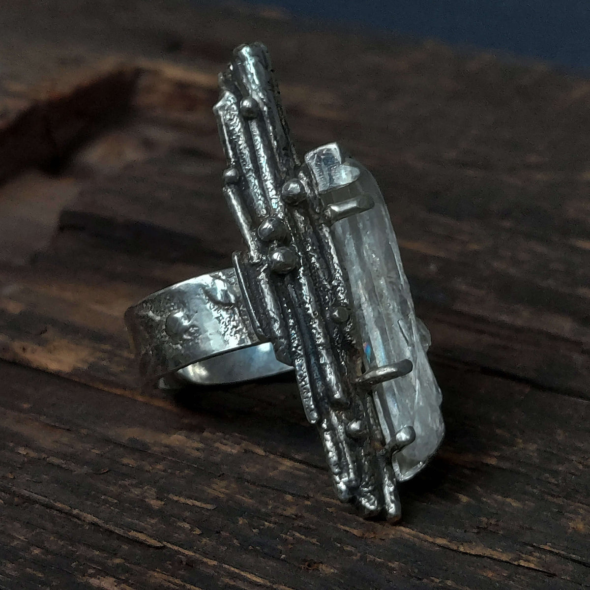 silver ring,oxidized texture, granules, quartz crystal,5 mm wide adjustable band, handmade by roff