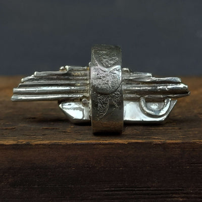 back of rough silver quartz ring, adjustable ring band with raw silver texture, handmade by roff