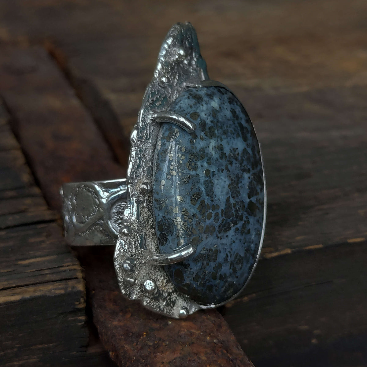 blue pyrite stone in rough silver ring, adjustable, unique statement ring, artisan made by roff