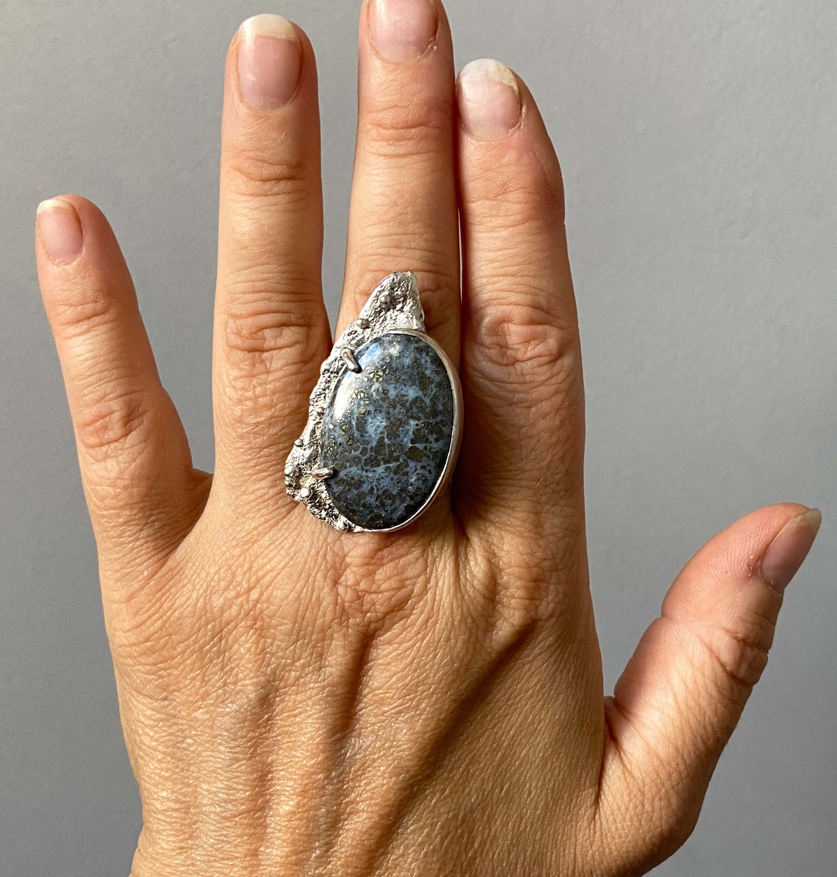 rough textured silver ring with marcasite cabochon, handmade statement ring by roff jewellery