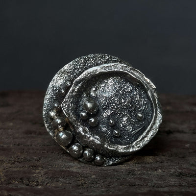 abstract silver ring for women with granules and texture, handmade by roff jewellery