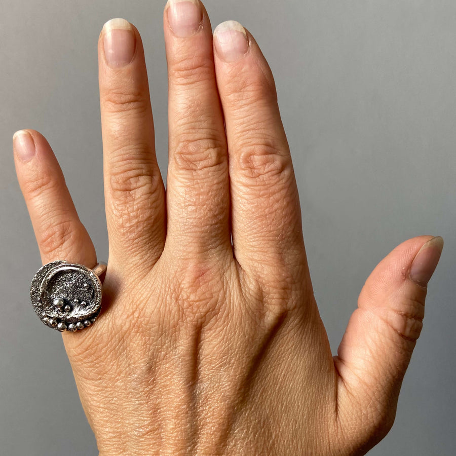 oxidized silver ring with rough texture , size 6.5 for women, handcrafted by roff jewellery