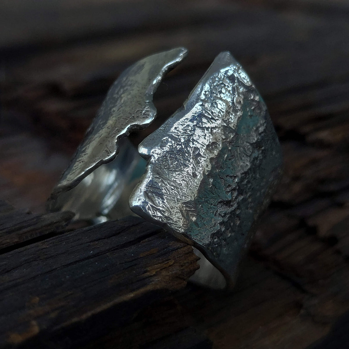 Simple silver ring adjustable from size 6.5  open front with texture,artisanmade by roff jewellery