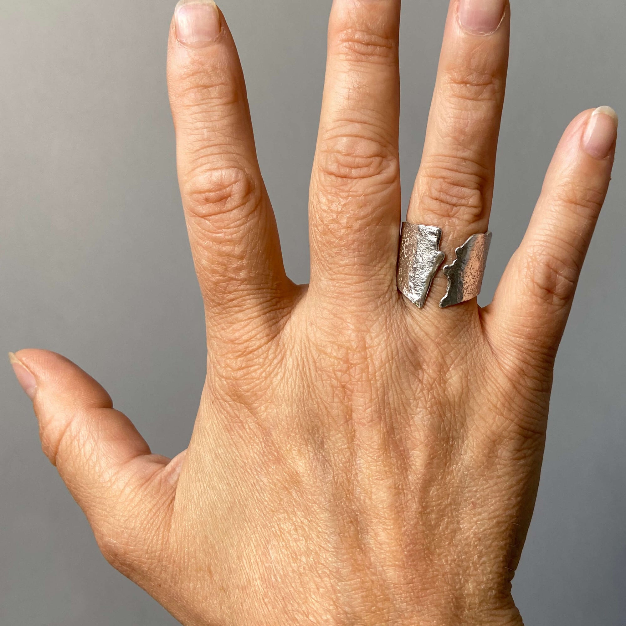 textured simple silver ring with organic open front, artistic designer ring, ooak, handmade by roff
