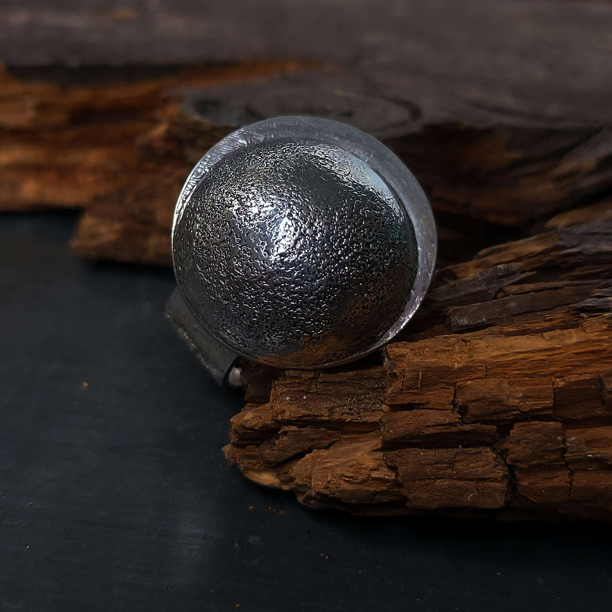 rough texture silver orb ring. moon ring, adjustable, handmade by roff jewellery