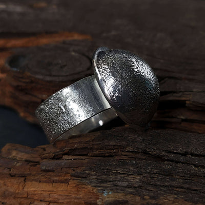 dark silver ring, oxidised silver with ball, handmade ooak by roffjewellery.com