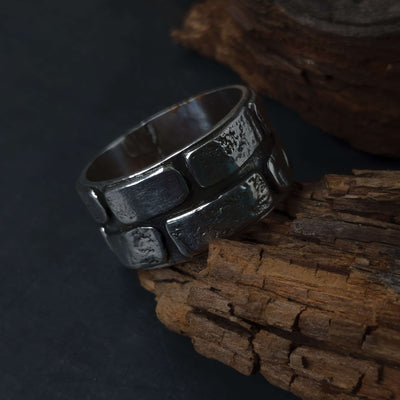silver irng made of silver bricks, brick wall ring suitable as a mens ring, handmade by roff jewellry