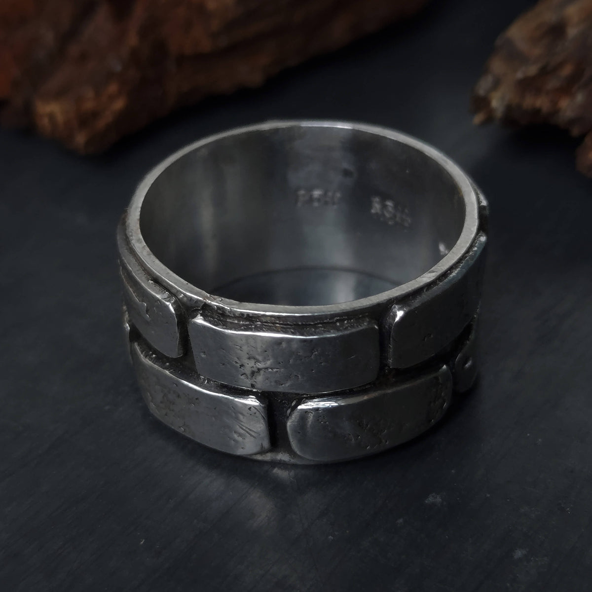 wide silver ring, brick pattern, made to order at roffjewellery.com