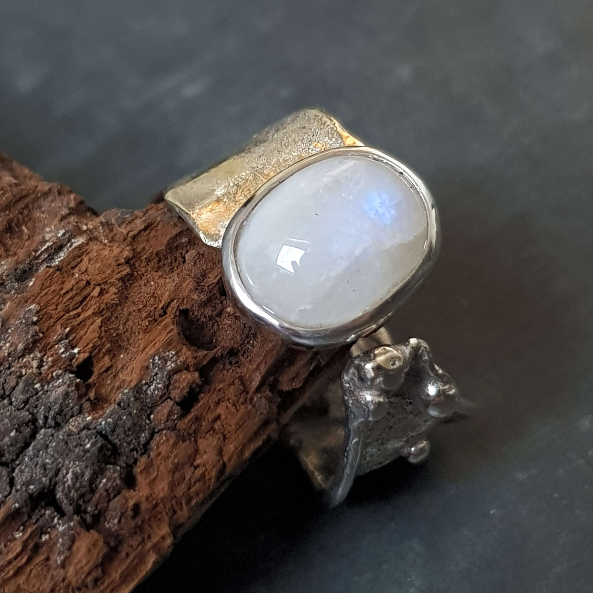 Brutalist silver ring with texture and oval blue moonstone, made by hand - roffjewellery.com