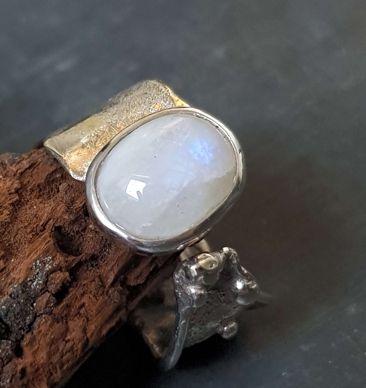 organic silver ring with natural blue moonstone. Open front and adjustable, handmade-roff jewellery