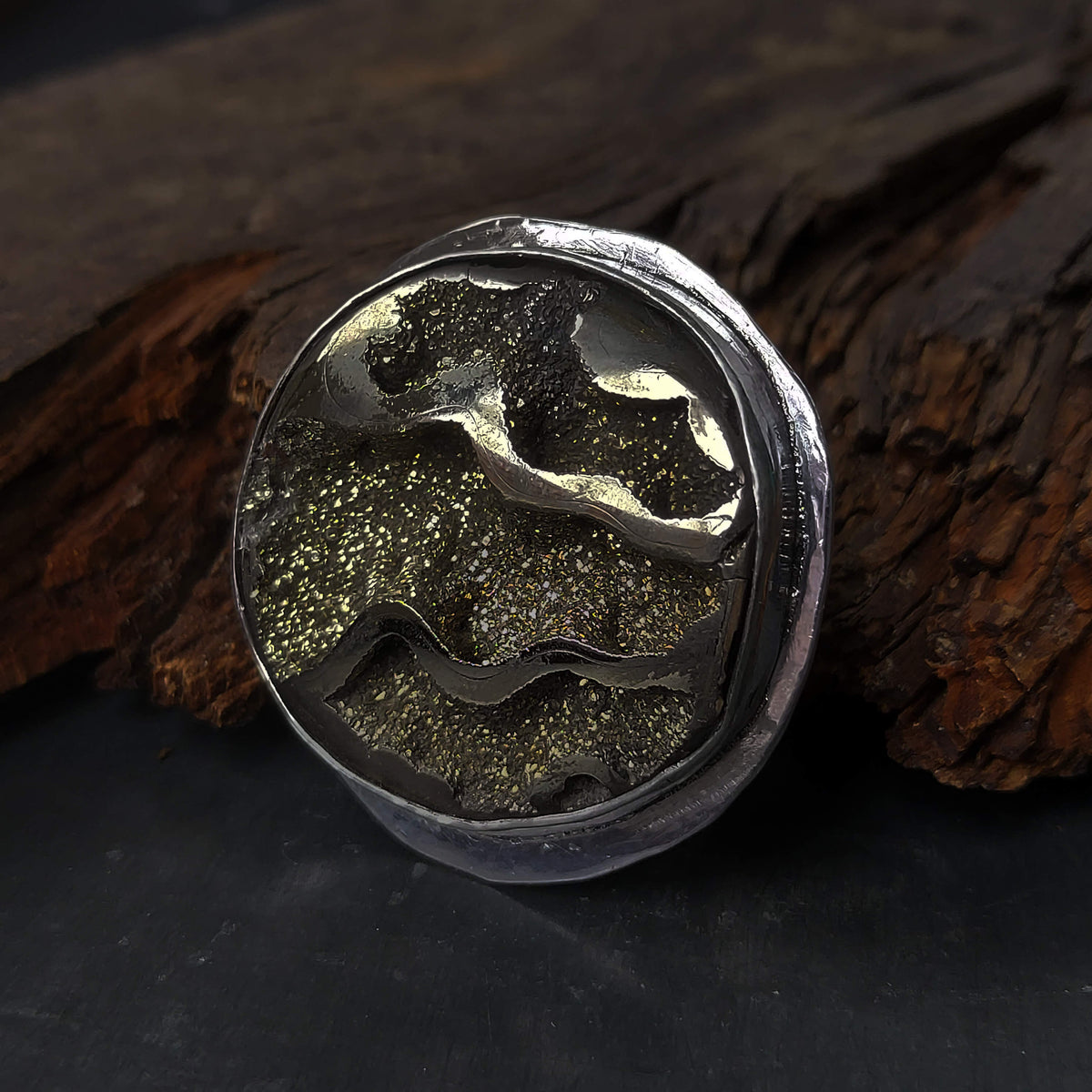 druzy ring with pyrite, silver statement ring, handmade by roff jewellery