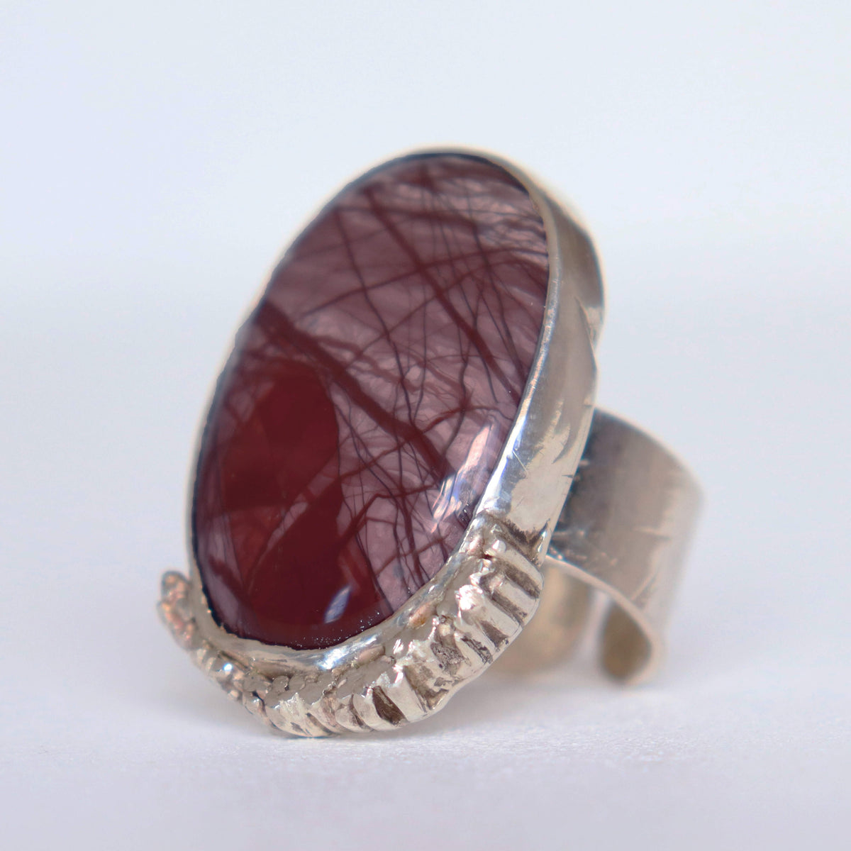 trendy silver ring with striped red jasper gemstone, handcrafted by roff jewellery