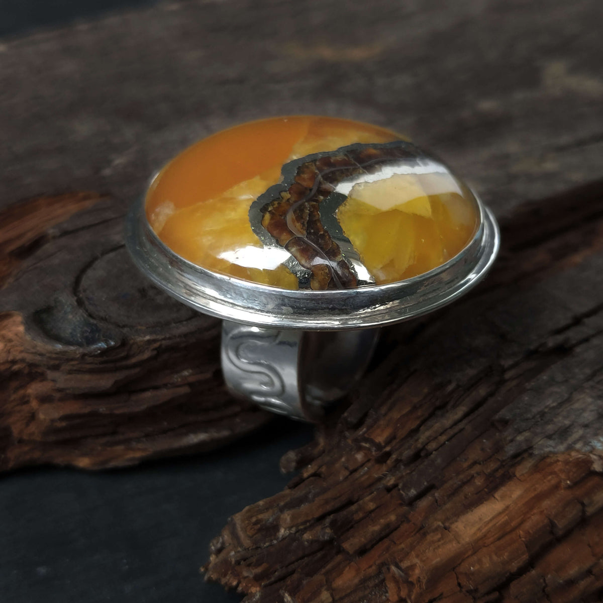 yellow brown gold gemstone ring, textured silver, artisan made by roffjewellery.com