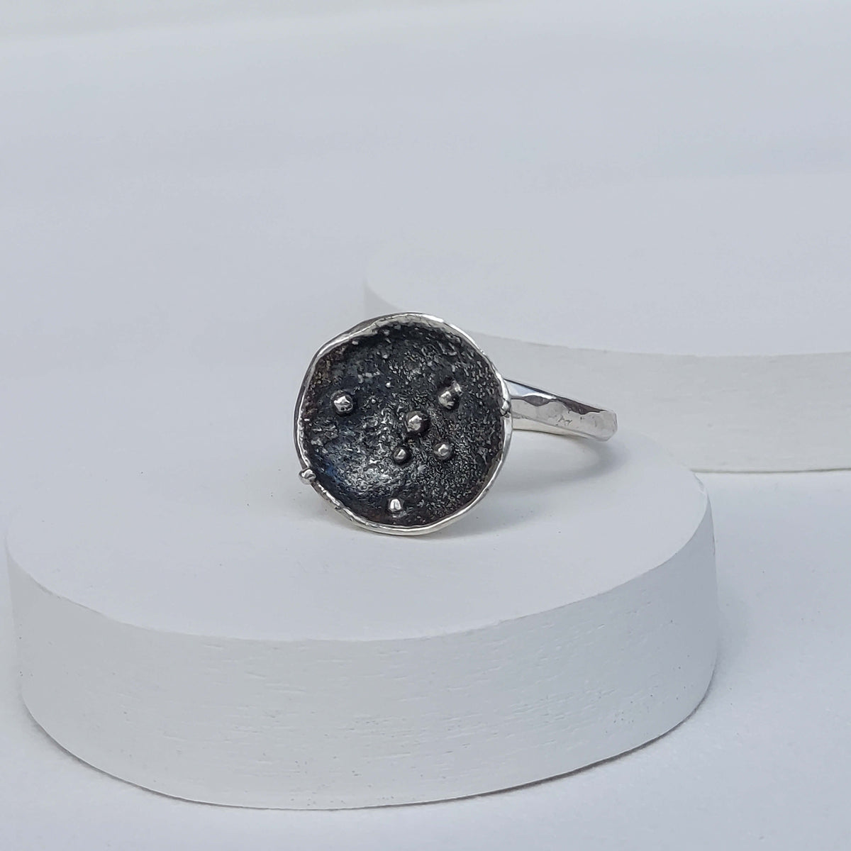 small silver ring, for everyday wear, black silver with silver granules. handmade ring by roff