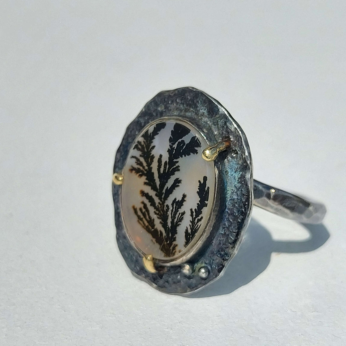 oxidized silver ring with 14k gold accent and dendritic opal, one of a kind handmade ring by roff