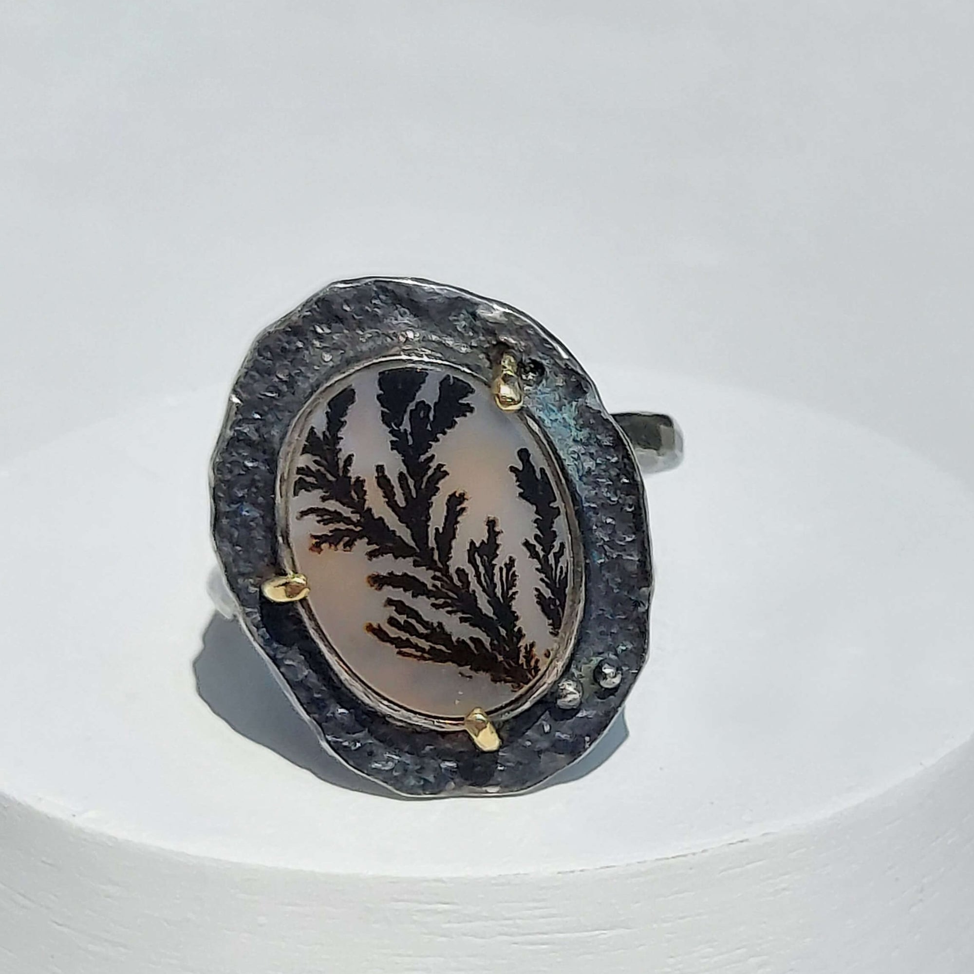 Silver and gold moss opal ring