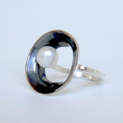 handmade silver ring, oxidized with pearl, modern elegant edgy, smooth silver, by roff jewellery