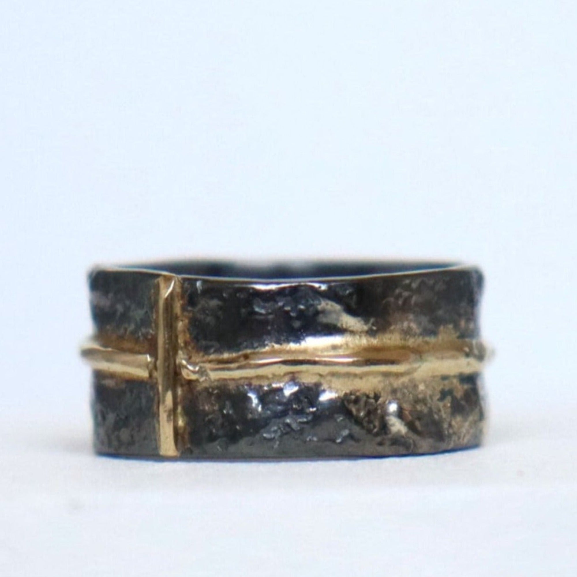 oxidized silver jewelry with gold accents, black silver ring with gold wire cross, handmade by roff