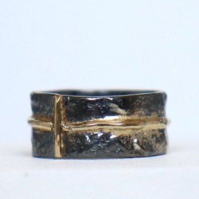 oxidized silver jewelry with gold accents, black silver ring with gold wire cross, handmade by roff