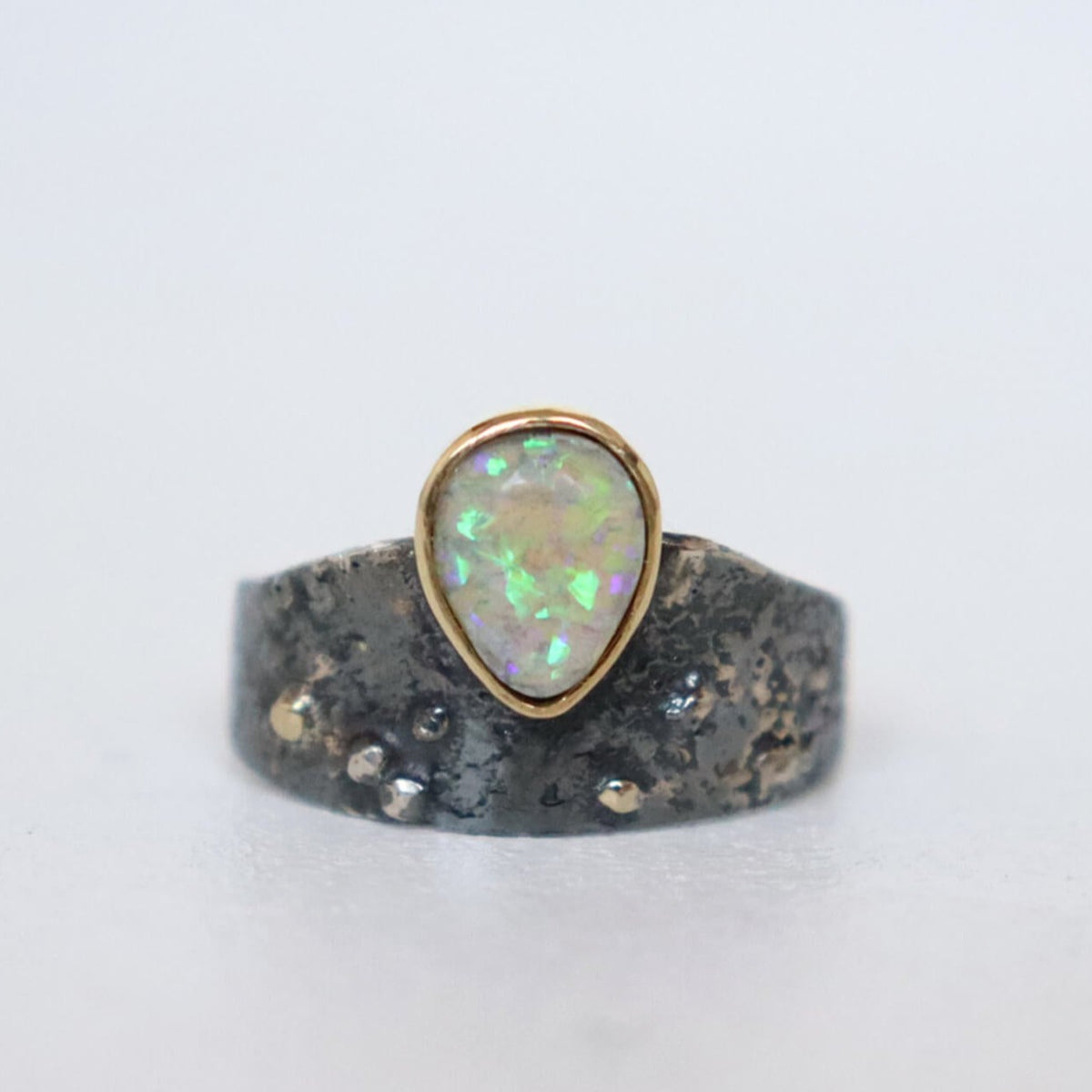 silver & gold ring for women, small size, with green blue flash opal, handmade by roffjewellery.com